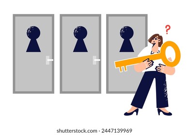 Woman makes choice, making difficult decision on path to success, stands with large key near three doors. Girl solves problem from Monty Hall paradox, trying to make right decision to win.