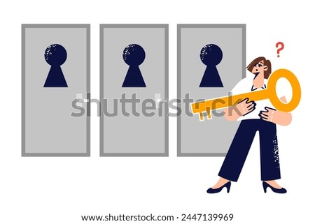 Woman makes choice, making difficult decision on path to success, stands with large key near three doors. Girl solves problem from Monty Hall paradox, trying to make right decision to win.