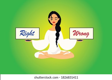 A woman makes a choice. right or wrong. The concept decision