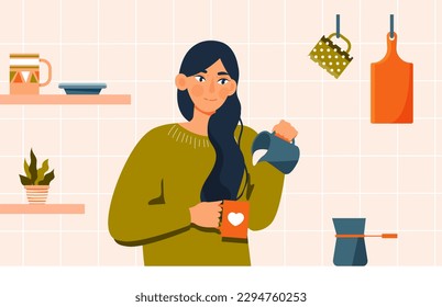 Woman makes coffee. Young girl pours herself hot drink into red mug with white heart. Cappuccino, latte and mocha, americamo. Barista or salesperson in coffee shop. Cartoon flat vector illustration