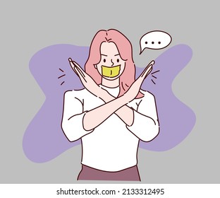 Woman makes cross with her hands, indicating that action is prohibited, stop or wrong. Your secrets safe with me concept. Hand drawn in thin line style, vector illustrations.