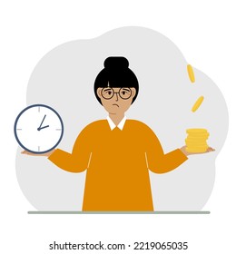 A woman makes a decision or chooses between two options or alternatives, a watch and a pile of coins. The concept of time or money, the balance between work and leisure. Vector flat illustration