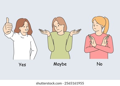 Woman makes decision and demonstrates yes, no, or probably gestures after hearing question. Girl answers with agreement or denial, making decision on further cooperation with company