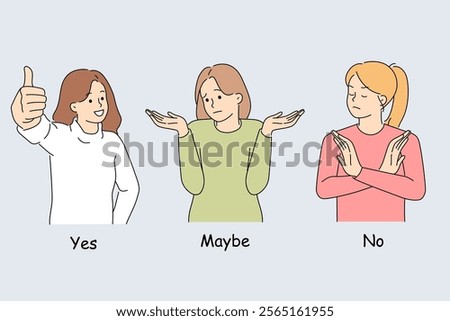 Woman makes decision and demonstrates yes, no, or probably gestures after hearing question. Girl answers with agreement or denial, making decision on further cooperation with company