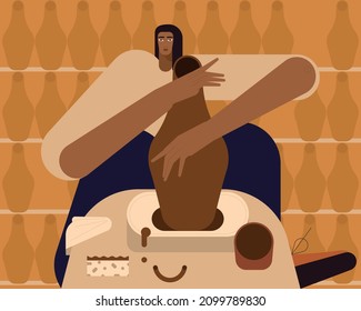 
A woman makes and decorates pots, earthenware, dishes and other ceramics in a pottery workshop.  Colorful illustration in flat cartoon style.