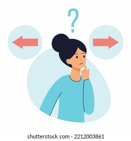 Woman makes difficult choice. Question mark and thinking girl.