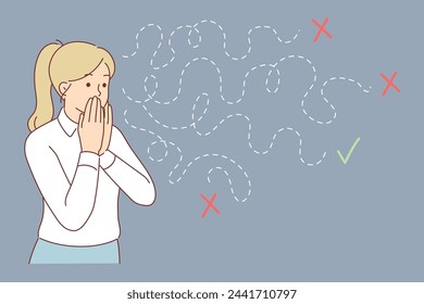 Woman makes difficult choice from several options, trying to make only right decision. Challenge or important choice in life of girl embarrassedly covering face with hand when making solutions