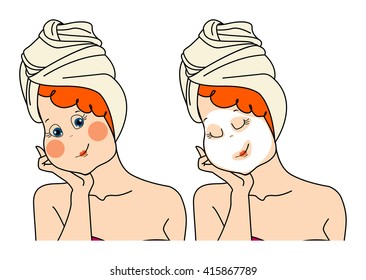 Woman makes a face mask.Two images of a woman pack. Vector iisolated illustration on white background