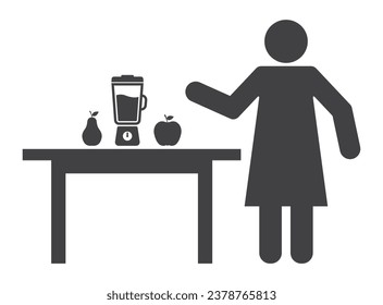 Woman makes food with blender apple pear on table icon