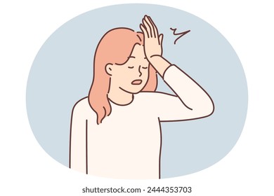 Woman makes gesture with facepalm putting palm to forehead, having learned about mistake made, which entails loss money. Girl demonstrates facepalm upset after bad news or quarrel with boyfriend