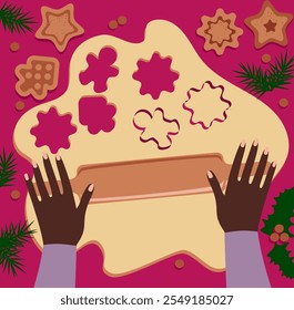 A woman makes gingerbread cookies at Christmas. Preparing a treat for the holiday.  Flat style. Vector illustration. 