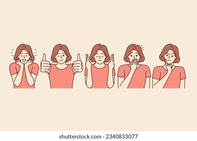 Woman makes happy facial expressions and approving gestures to share good mood and joyful emotions. Set of everyday girls experiencing happy and euphoria or joy from fulfillment of dream