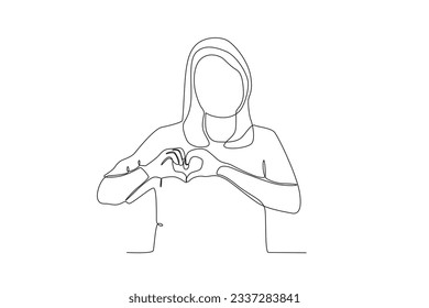 A woman makes a heart-protecting pose. World heart day one-line drawing
