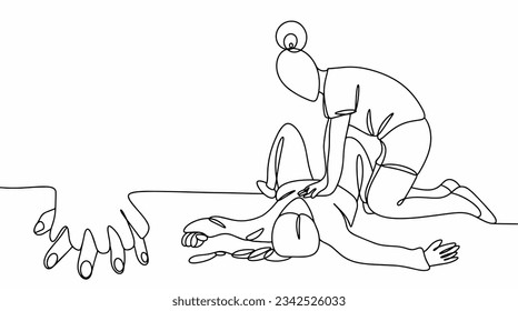 A woman makes an indirect heart massage to the victim. World First Aid Day. One line drawing for different uses. Vector illustration.