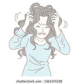 A woman makes an irritable expression, holding hair with both hands, the hair becomes very messy