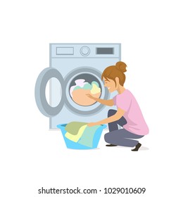 woman makes laundry, puts clothes into washing maching isolated graphic vector illustration