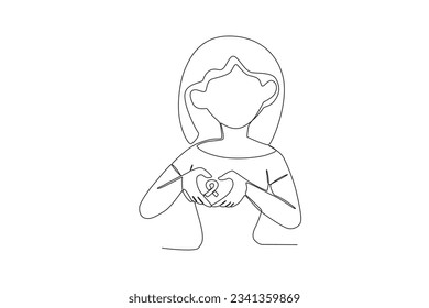 A woman makes a love pose for breast cancer awareness. Breast cancer awareness month one-line drawing