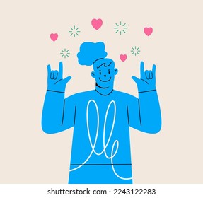 Woman makes love sign, shapes heart with fingers. Colorful vector illustration
