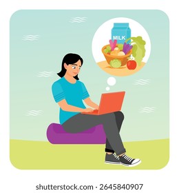 A woman makes an online grocery purchase by browsing the device on her laptop while imagining vegetables and milk that symbolize healthy lifestyle choices. Online grocery shopping concept.