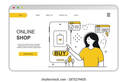 Woman makes an Online payment concept. Shop by phone and buy in one click. Magazine landing page. Flat vector illustration concept.