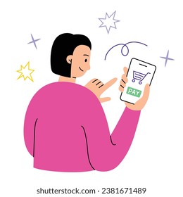 Woman makes online payment, internet shopping hand drawn composition, pay button on smartphone screen, vector illustration of mobile bank app, online shopping, using cell phone to buy, 