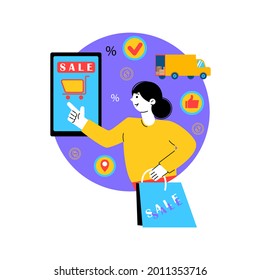 Woman makes online purchases through mobile application. Business concept illustration. Concept online shopping, sales and delivery. Presentation slide template. Modern flat vector style