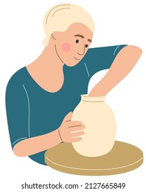 A woman makes a pot out of clay. Flat vector illustration.