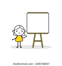 Woman makes a presentation near a storyboard. Vector stock illustration.