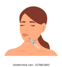 Woman makes procedure of beauty injection for lip augmentation.  Lip fillers, hyaluronic acid.Face beauty and cosmetology concept