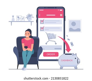 A woman makes purchases in an online store on a smartphone and receives a cashback. Vector illustration.