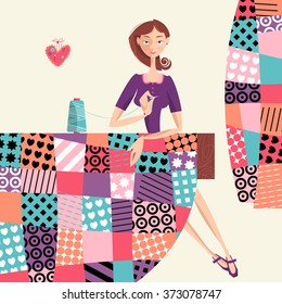 Woman makes a quilt. Patchwork. Vector illustration. 