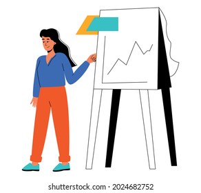 A woman makes a report on analytics. Business analytics, summing up the results. Vector illustration in a flat style