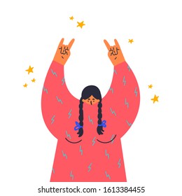Woman makes the rock gesture, goat fingers up.Fingers up, hand sign.Gesture language.Flat vector illustration.Girl at a rock concert.Template design.Colorful cartoon characters.