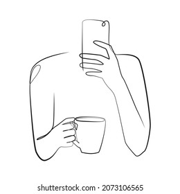 Woman Makes A Selfie Takes Pictures On The Phone While Holding A Mug With Coffee In Her Other Hand One Line Drawing On White Isolated Background. Vector Illustration