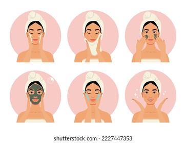 Woman makes skin care procedures to cure her face problems. A collection of skincare steps vector flat cartoon illustration. 