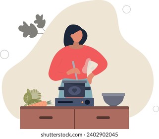 Woman makes soup. Household chores, routine, tasty and healthy food. Diet, taking care of your health, weight loss.flat vector illustration.