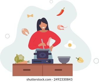 La mujer hace sopa. Tareas del hogar, rutina, comida sabrosa y saludable. Dieta, cuidando de su salud, pérdida de peso. diseño plano. ilustración con personas.