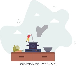 Woman makes soup. Household chores, routine, tasty and healthy food. Diet, taking care of your health, weight loss. character life .