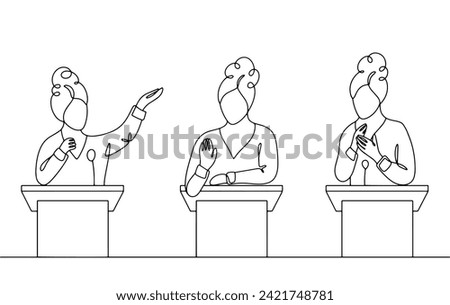 A woman makes a speech standing behind a podium. Official business communication. Vector illustration. Images produced without the use of any form of AI software at any stage. 