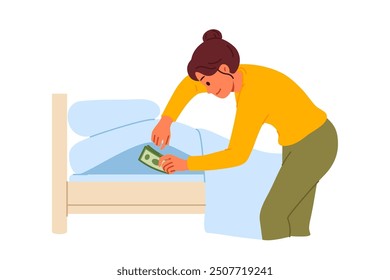 Woman makes stash under mattress, trying to save money from theft and crisis inflation. Girl does not trust banks due to financial illiteracy, using stash in bedroom in own apartment