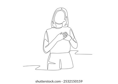 Woman makes a thank you gesture. Thank you concept one-line drawing