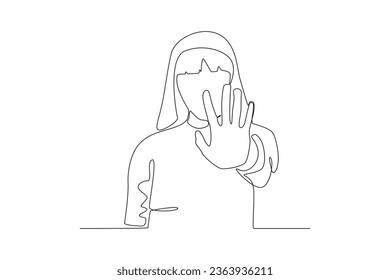 A woman makes a violent prohibition sign with her hands. International day for the elimination of violence agains women one-line drawing