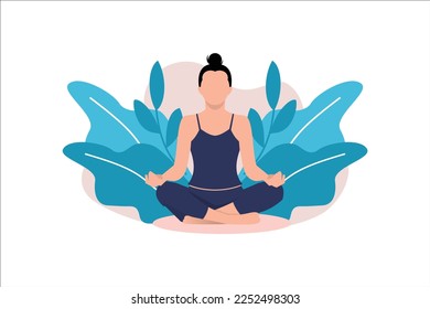 a woman makes yoga and meditation.  health care. Illustration in flat style.