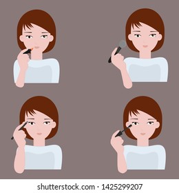 Woman with makeup, Beauty step, Apply lip, mascara, powder.  Cartoon character vector illustration
