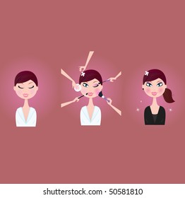 Woman makeup stages (vector). Makeup application stages. Powder, mascara, lip-stick, blush and flower into hair - best way for perfect look. Stylized vector illustration of fashion chic girl.