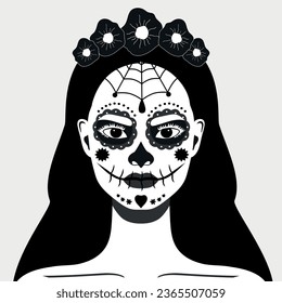 Woman with a makeup of sugar skull. Day of the Dead celebration. Dia de los Muertos. Vector illustration