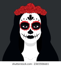 Woman with a makeup of sugar skull and red floral wreath. Day of the Dead celebration. Dia de los Muertos. Vector illustration