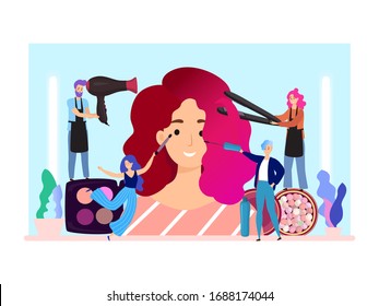 Woman makeup vector illustration. Flat happy tiny cartoon makeup artist hairdresser characters group doing together hair styling, smiling girl maquillage. Female cosmetic beauty salon concept poster