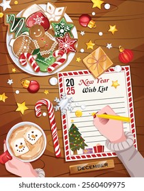 Woman making 2025 New Year Wishlist while enjoying Hot Chocolate with Marshmallows. Gingerbread Cookies Plate with Christmas Decorations Scattered around on Rustic Wooden Table Top View Illustration