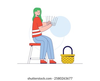 Woman making basket, handmade craft. Character design. Vector flat illustration